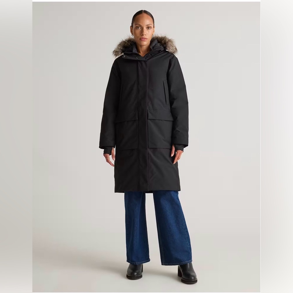 Quince Black Long Ski & Snow Parka with Faux Fur Trim